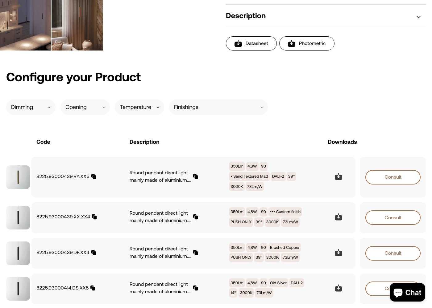 Tabla Configure your Product con filas de códigos como 8225.93000439.RY.XX5, cada una con su descripción, atributos y botón Consult
