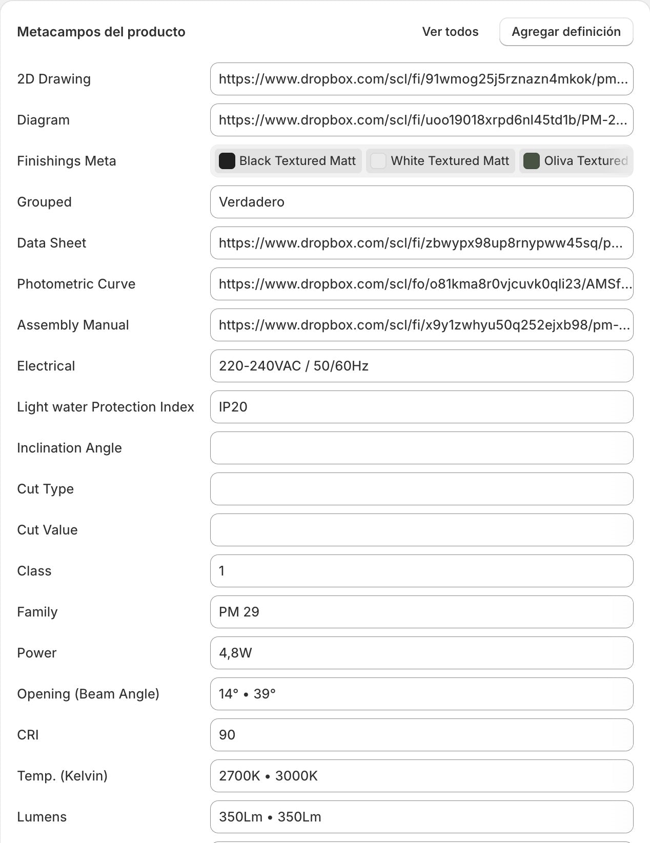 Metacampos del producto padre: Grouped en Verdadero, Family PM 29, Finishings Meta con once terminaciones