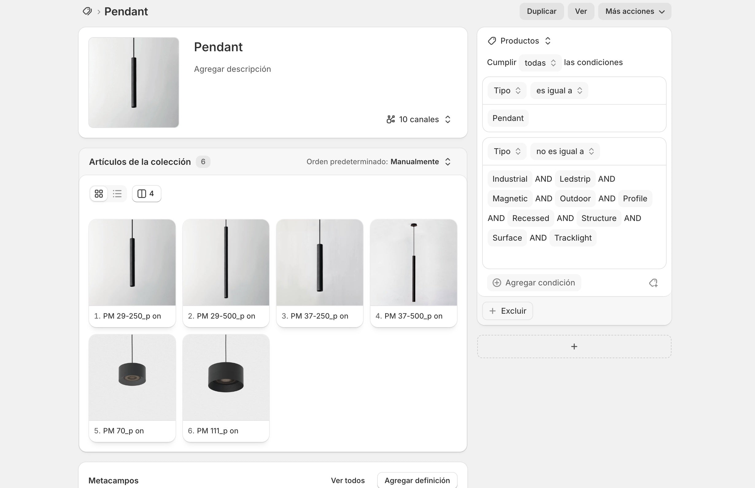Edición de la colección automática Pendant: condición Tipo es igual a Pendant, y Tipo no es igual a las demás categorías; 6 productos listados