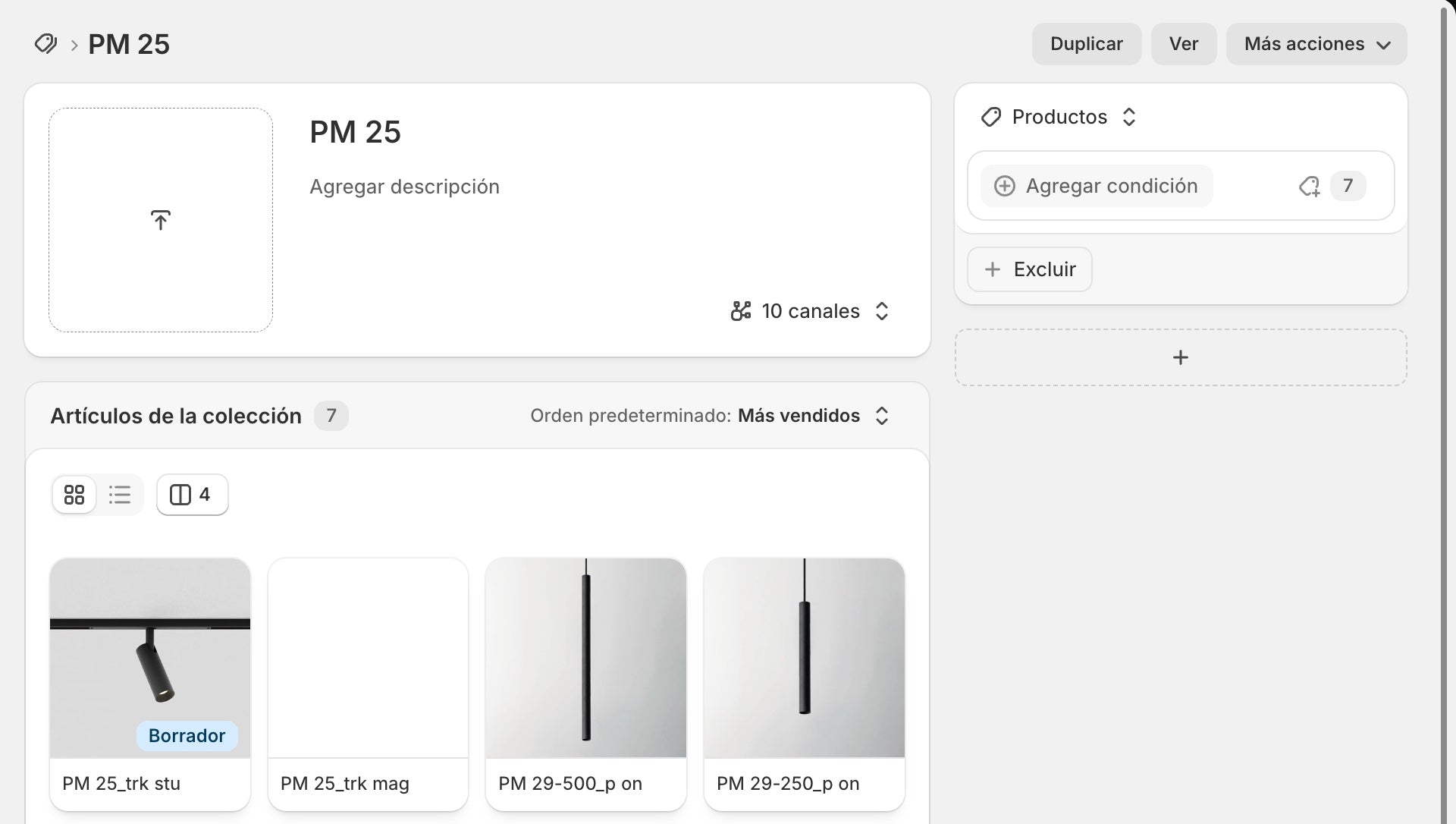 Colección manual PM 25 con 7 productos agregados a mano, sin condiciones, y botón para agregar condición
