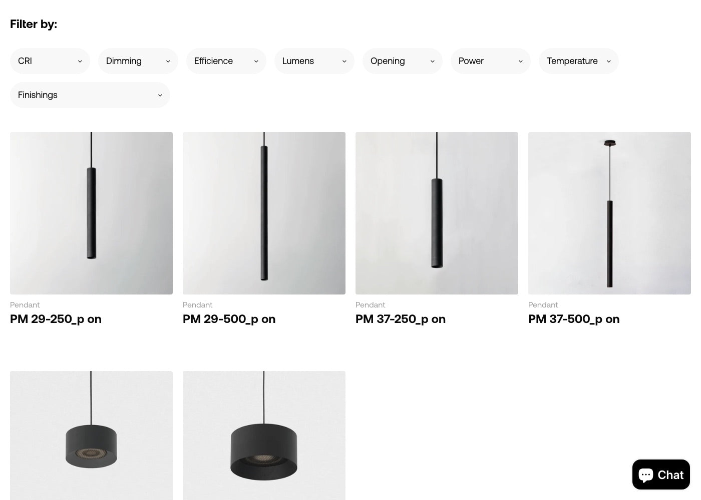 Grilla de la colección Pendant mostrando cuatro productos: PM 29-250, PM 29-500, PM 37-250 y PM 37-500
