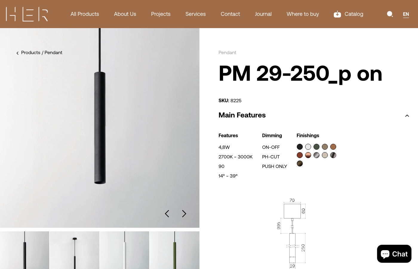 Ficha del producto PM 29-250, con SKU 8225 y una sección Main Features con puntos de color bajo Finishings