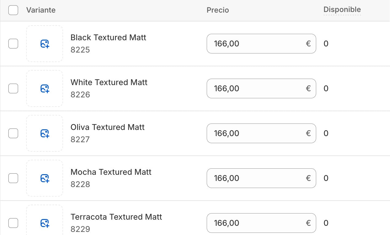 Tabla de variantes del padre: Black Textured Matt 8225, White Textured Matt 8226, Oliva Textured Matt 8227, Mocha Textured Matt 8228, Terracota Textured Matt 8229, cada una a 166 euros